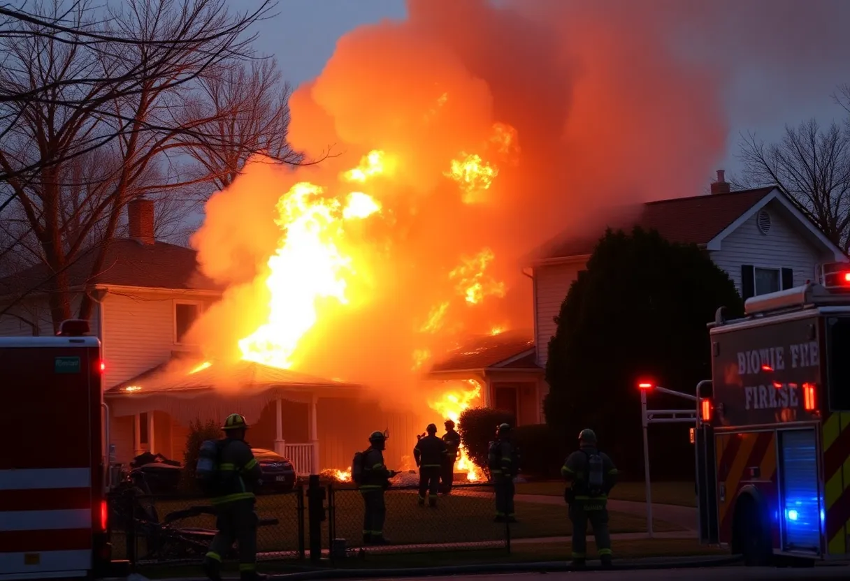 Firefighters extinguishing flames at a house fire in East Providence