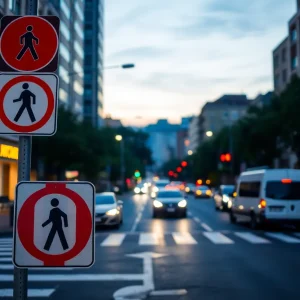 Pedestrian safety signs on a street in East Providence
