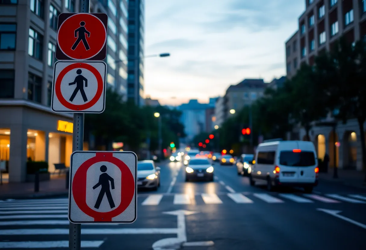 Pedestrian safety signs on a street in East Providence