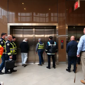Emergency responders assisting individuals near elevators in Providence.