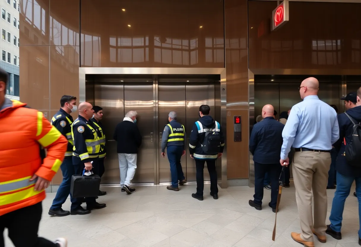 Emergency responders assisting individuals near elevators in Providence.