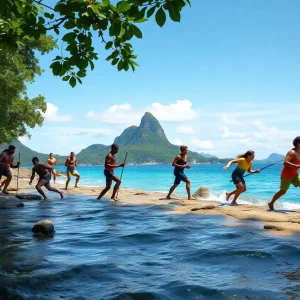 Contestants competing on Survivor in a tropical setting.
