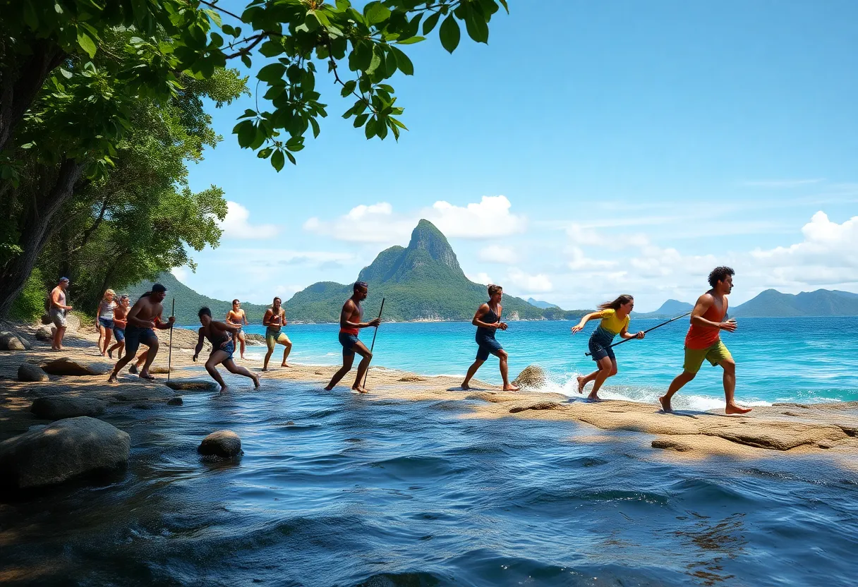 Contestants competing on Survivor in a tropical setting.