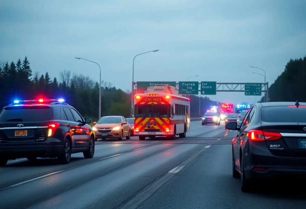 Emergency responders at the scene of a highway accident, highlighting road safety issues.
