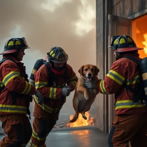 Firefighters saving a dog from a fire