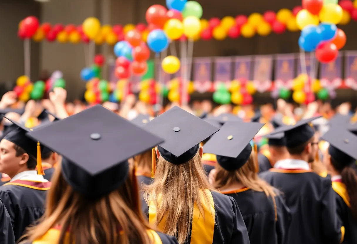 Students celebrating during a graduation ceremony.