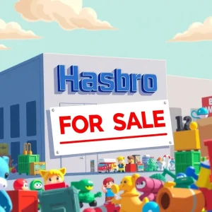 Hasbro headquarters surrounded by toys, depicting current layoffs.
