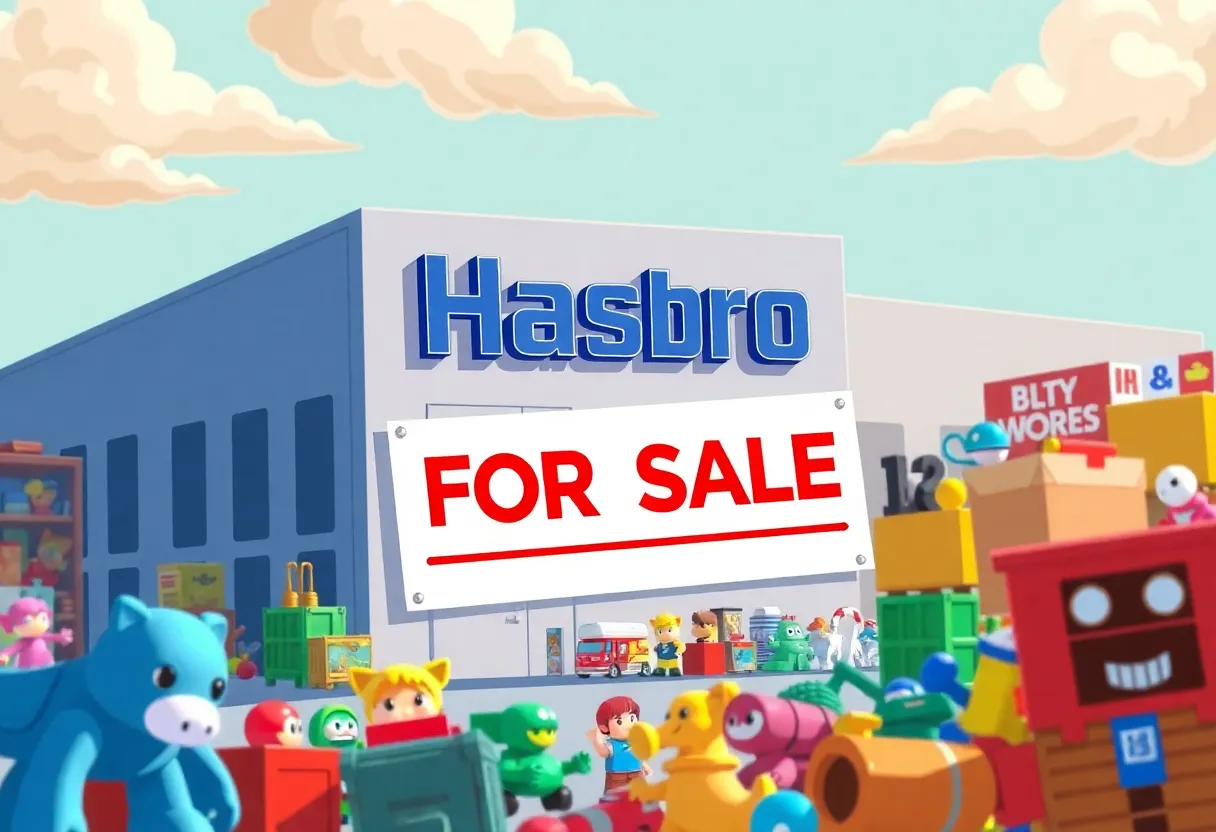 Hasbro headquarters surrounded by toys, depicting current layoffs.