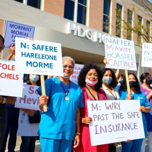 Healthcare workers demanding safer conditions and better insurance at Rhode Island Hospital.