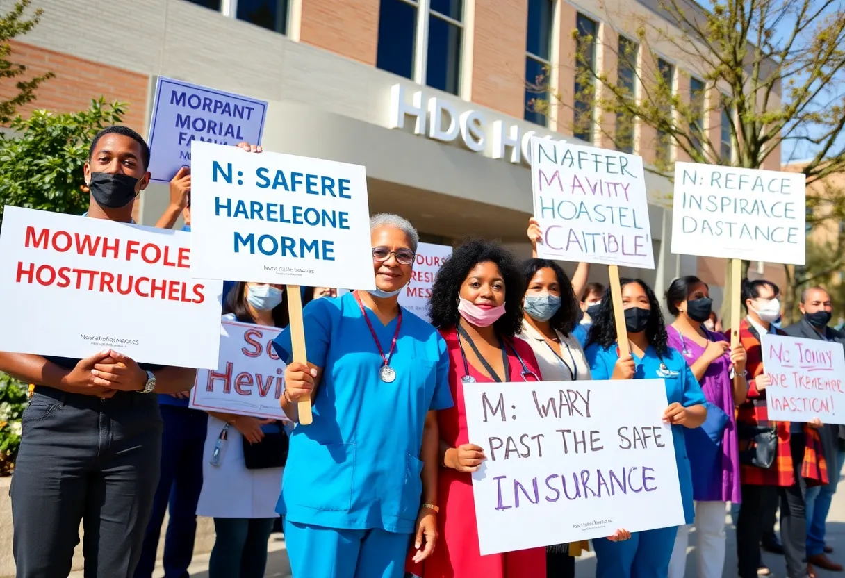 Healthcare workers demanding safer conditions and better insurance at Rhode Island Hospital.