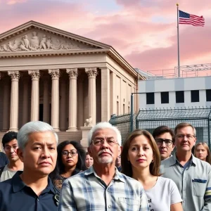 Symbolic representation of immigration challenges with a courthouse and detention center.