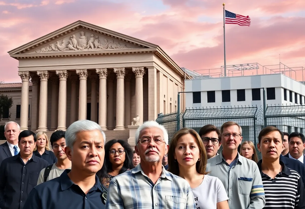 Symbolic representation of immigration challenges with a courthouse and detention center.
