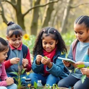 Diverse students engaged in an outdoor classroom lesson.