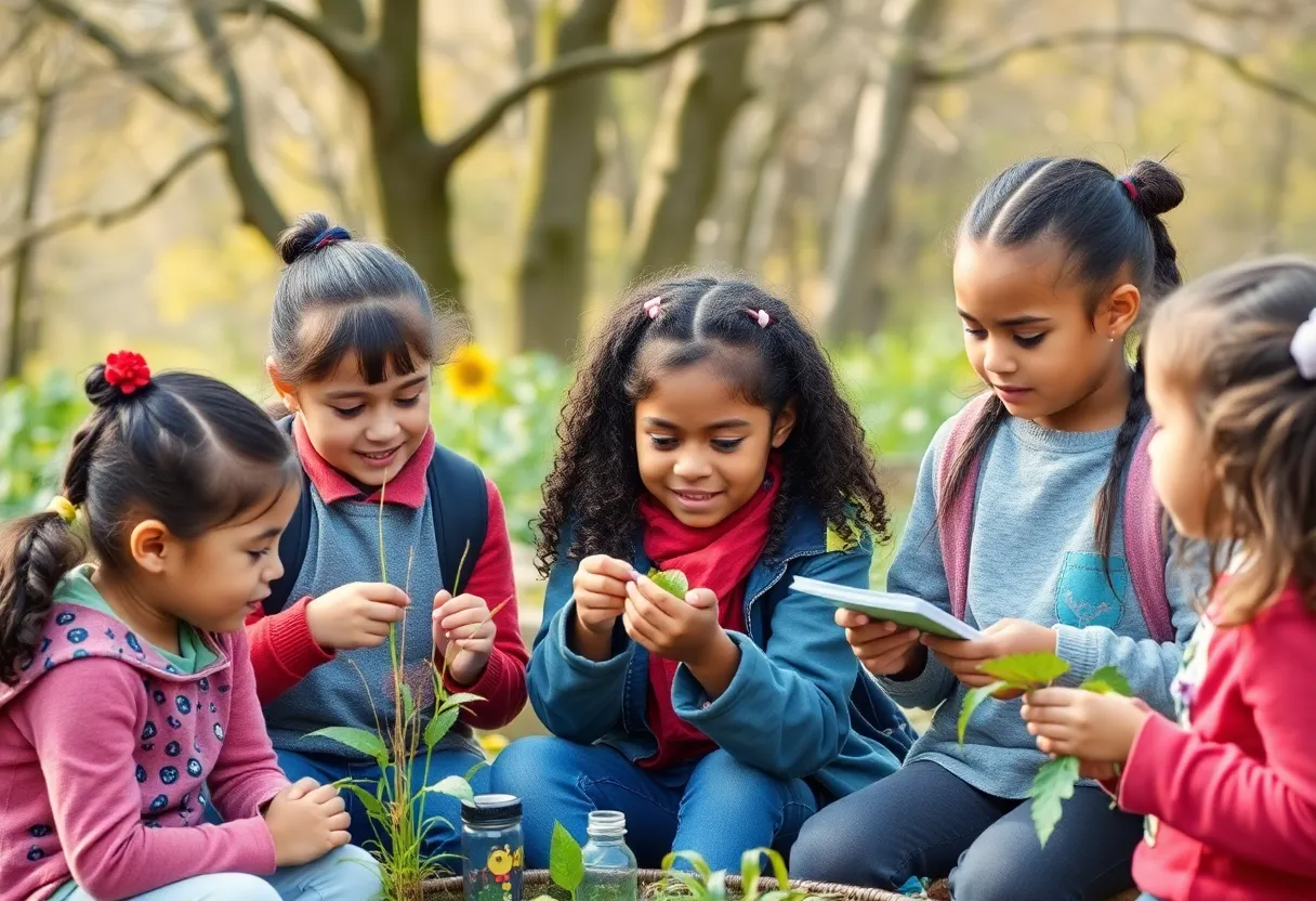 Diverse students engaged in an outdoor classroom lesson.