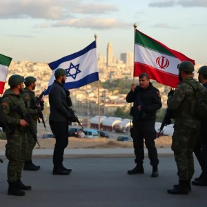 Military standoff between Israel and Iran, showing flags and urban conflict backdrop.