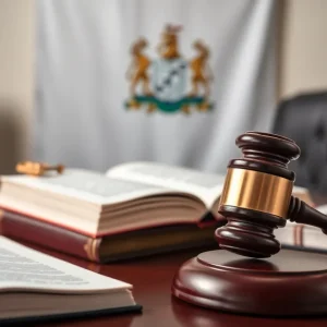 An office environment representing the judiciary with a gavel and legal books.