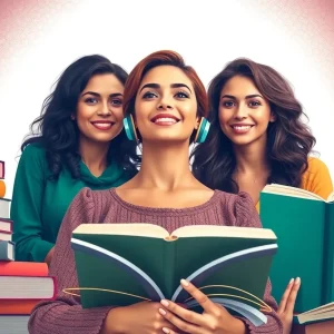 Artistic depiction of women's education and empowerment themed around audiobooks.