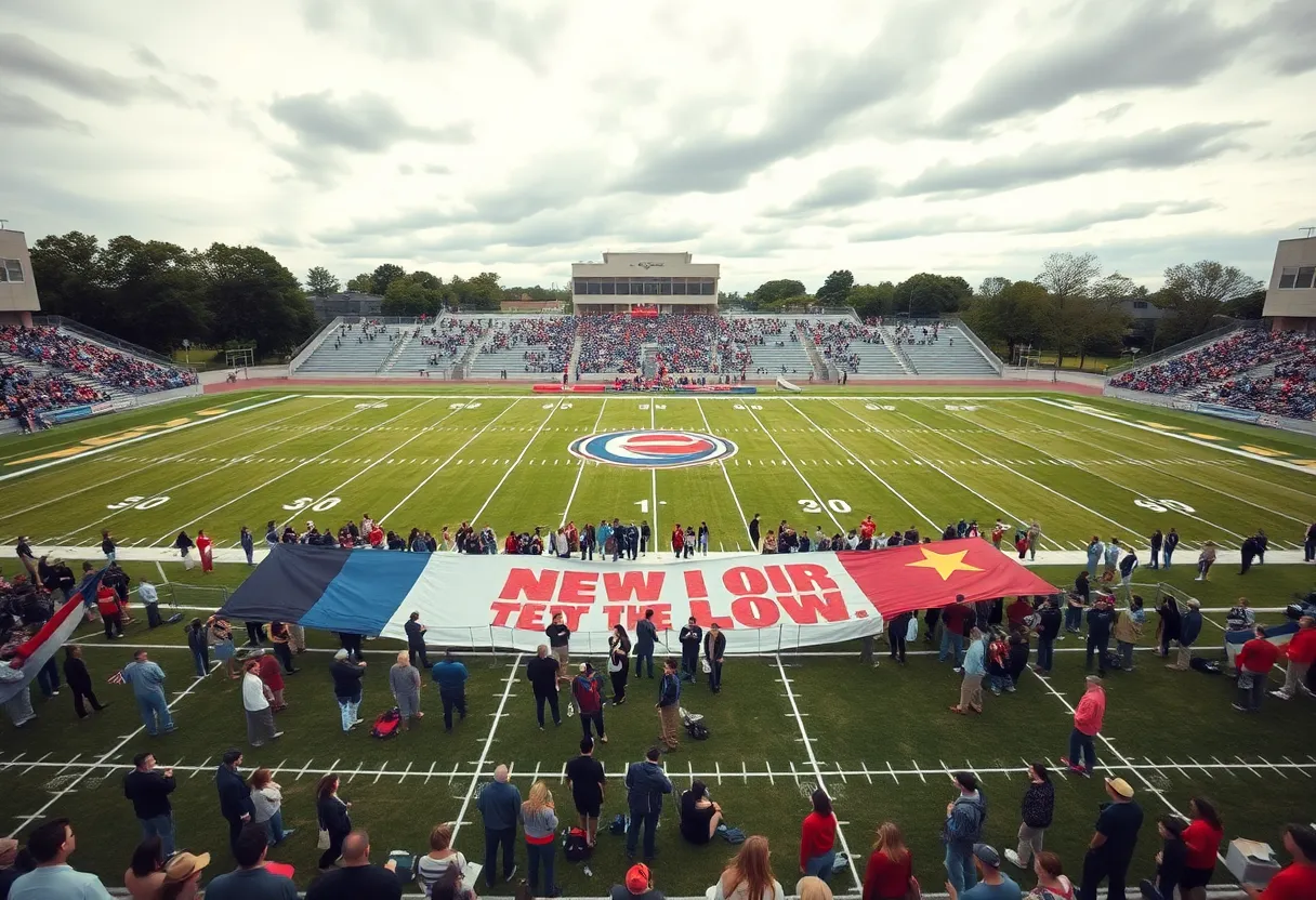Football field at Lane Tech High School celebrating the renaming event for Fritz Pollard