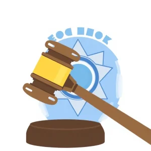 Illustration of gavel and police badge representing law enforcement transparency.