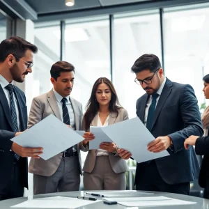 A diverse group of lawyers collaborating in a modern law office.