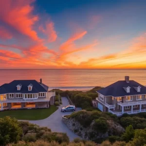 Scenic view of luxury coastal properties in Rhode Island during sunset