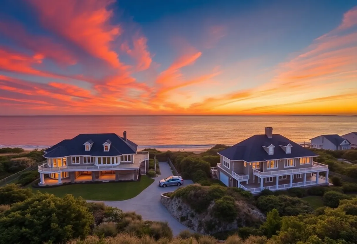 Scenic view of luxury coastal properties in Rhode Island during sunset