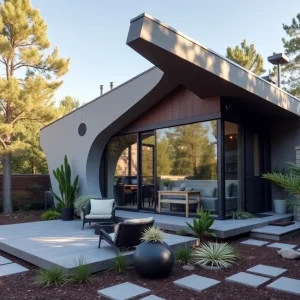Exterior view of a luxury micro home in a gated community in Rhode Island.