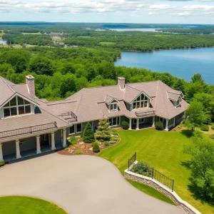A luxury second home in Rhode Island surrounded by beautiful landscaping.