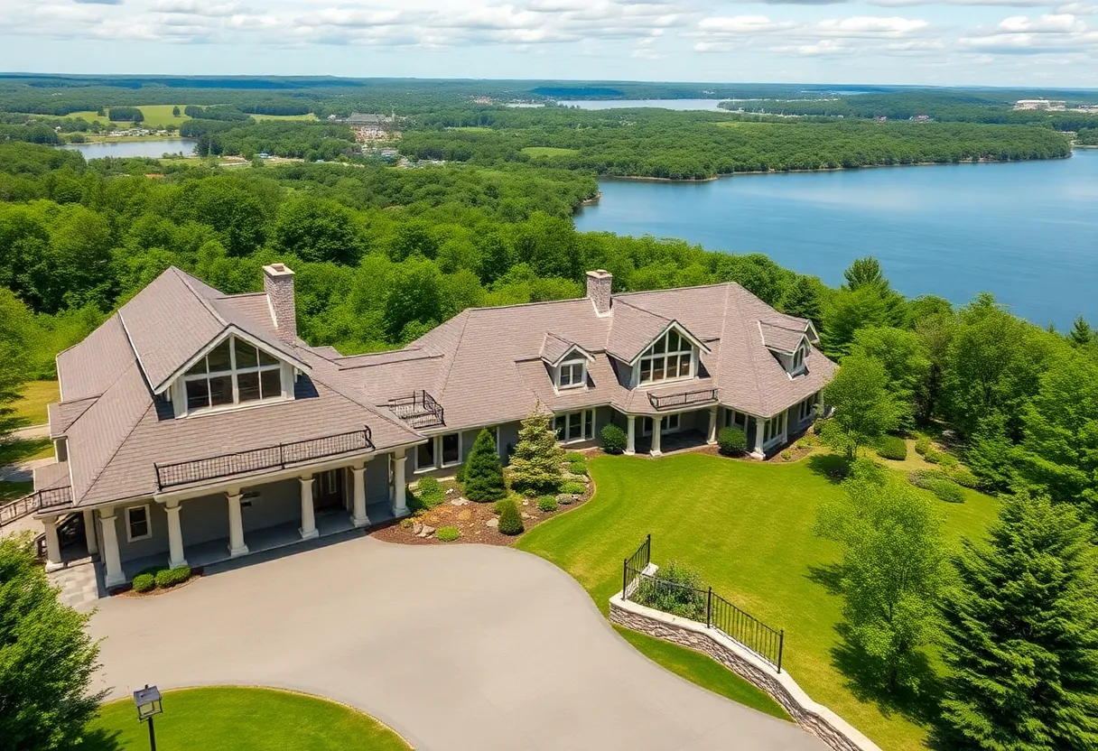 A luxury second home in Rhode Island surrounded by beautiful landscaping.