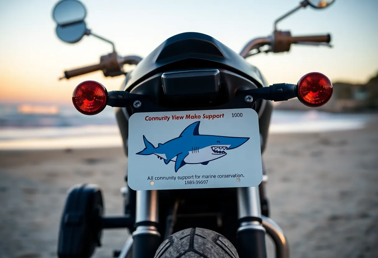 Mako shark-themed license plate on a motorcycle