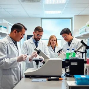 Scientists in a laboratory working on malaria vaccine research