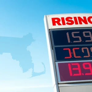 Gas station sign showing rising prices in Massachusetts