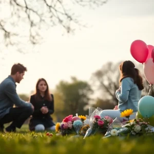 A memorial setup for a young child with balloons and flowers