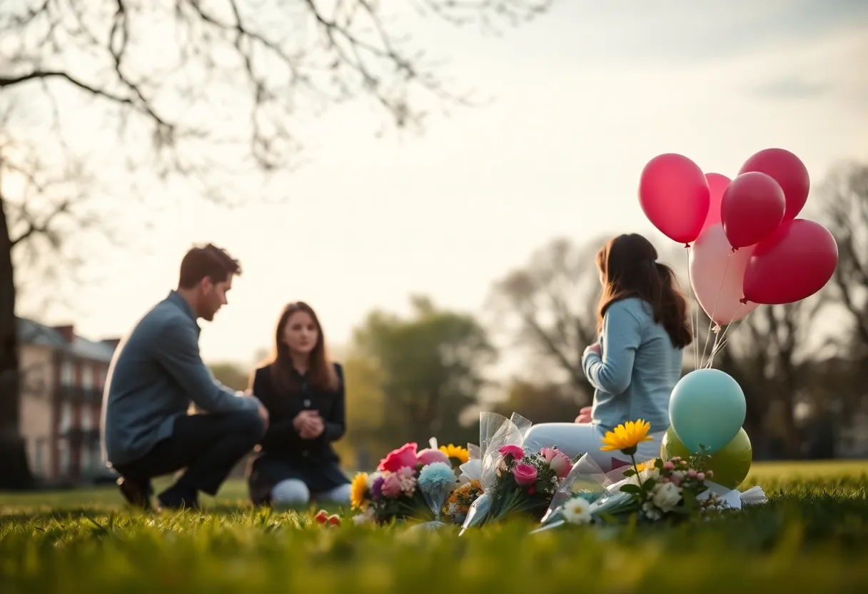 A memorial setup for a young child with balloons and flowers