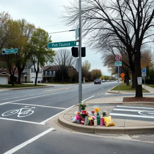 Memorial setup at a street intersection in Woonsocket