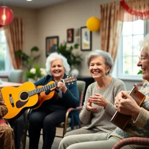 Elders engaging in a music therapy session in a nursing home setting.
