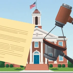 North Providence town hall with legal documents, representing a lawsuit