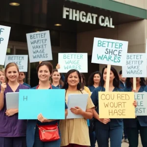 Healthcare workers protesting outside a hospital