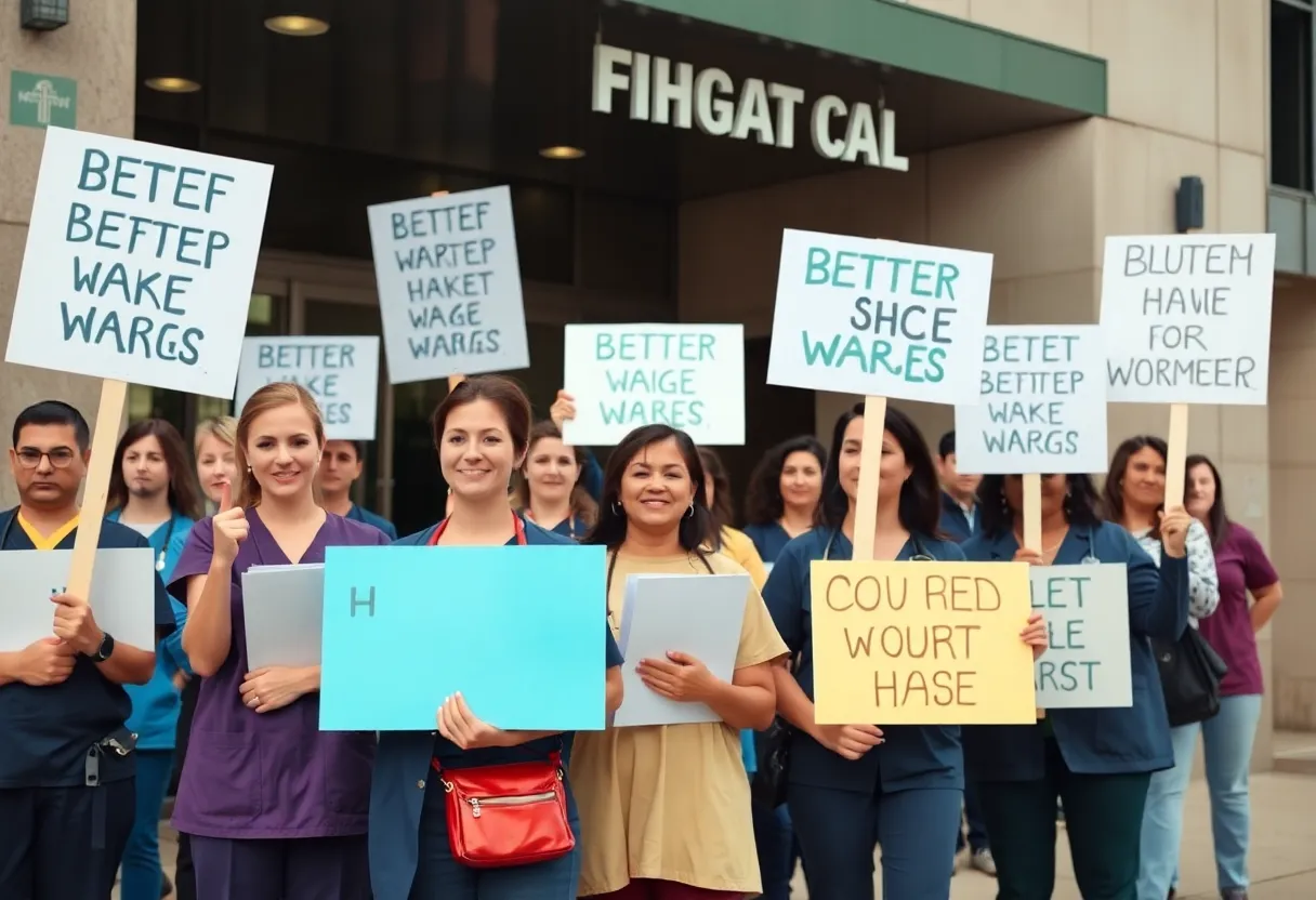 Healthcare workers protesting outside a hospital