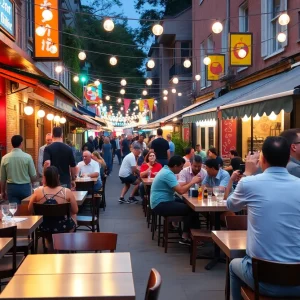 Outdoor dining scene in Federal Hill with tables and smiling patrons