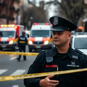 Police cordon on a city street with emergency vehicles