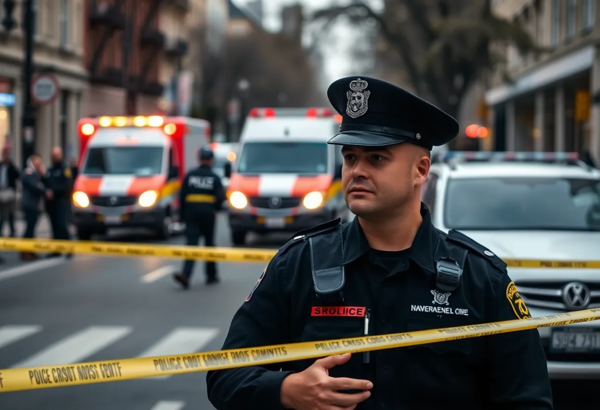 Police cordon on a city street with emergency vehicles
