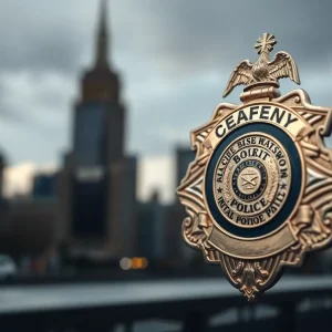 Police badge against a blurred cityscape