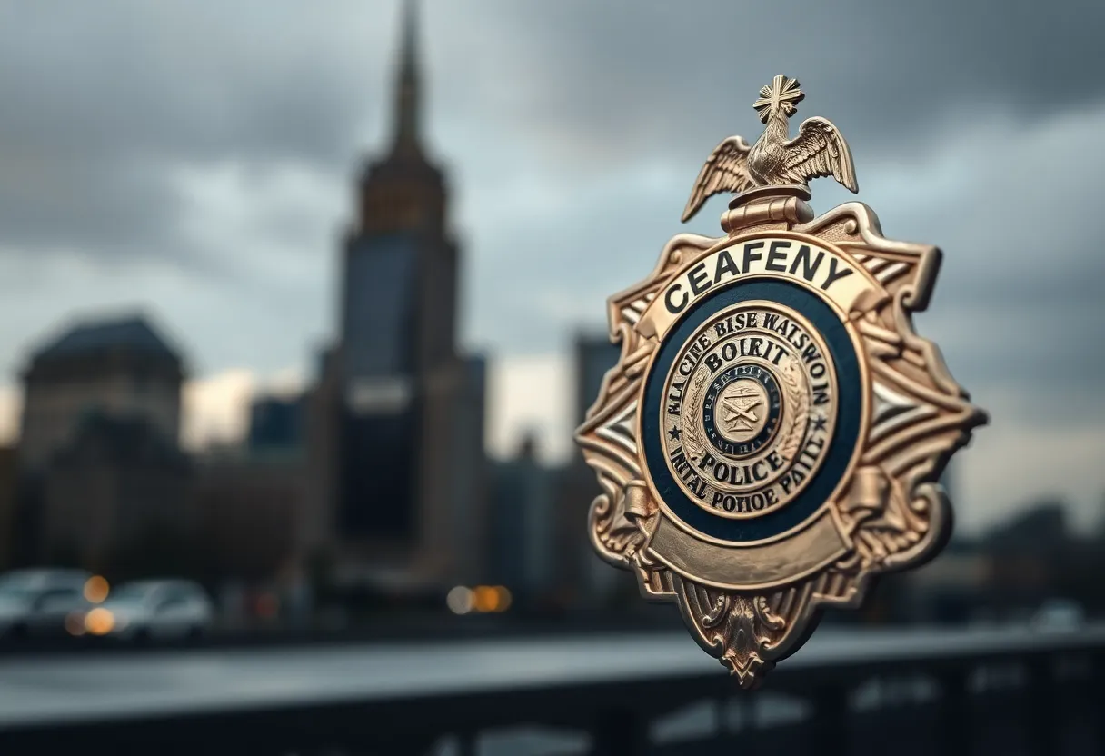 Police badge against a blurred cityscape