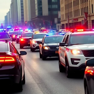 Police cars in a high-speed chase through city streets