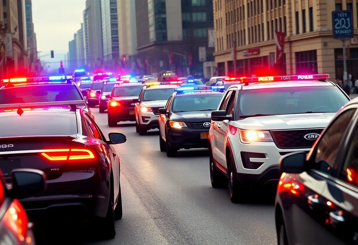 Police cars in a high-speed chase through city streets
