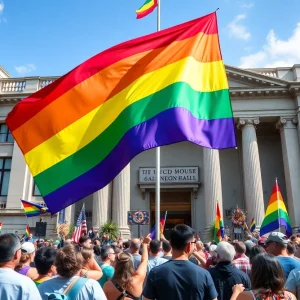 Diverse community celebrating Pride Month at City Hall with a flag raising.