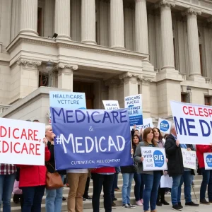 Activists protesting outside the Rhode Island State House for Medicare and Medicaid rights.