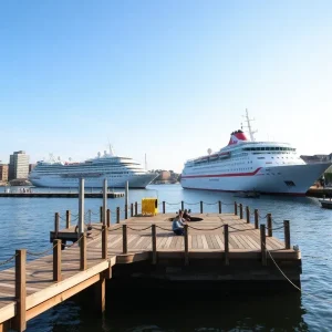 A cruise ship docked at the new floating dock in Providence.