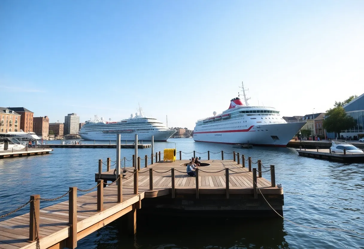 A cruise ship docked at the new floating dock in Providence.